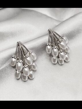Elegant Silver tone Pearl Cluster Drop Earrings - Women Jewelry